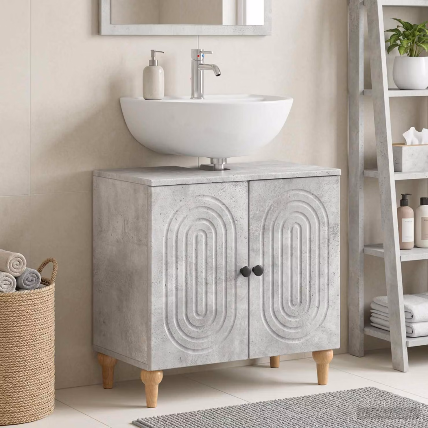 Armadio per lavabo da bagno vidaXL ALKMAAR moderno in grigio cemento e nero con ante a battente e ripiani interni L/P/H: 59,5 x 31,5 x 59,0 cm