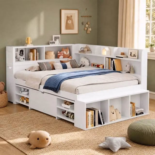 Letto per bambini multifunzione 140 × 190 cm con cassetti e scomparti in compensato bianco rete a doghe inclusa