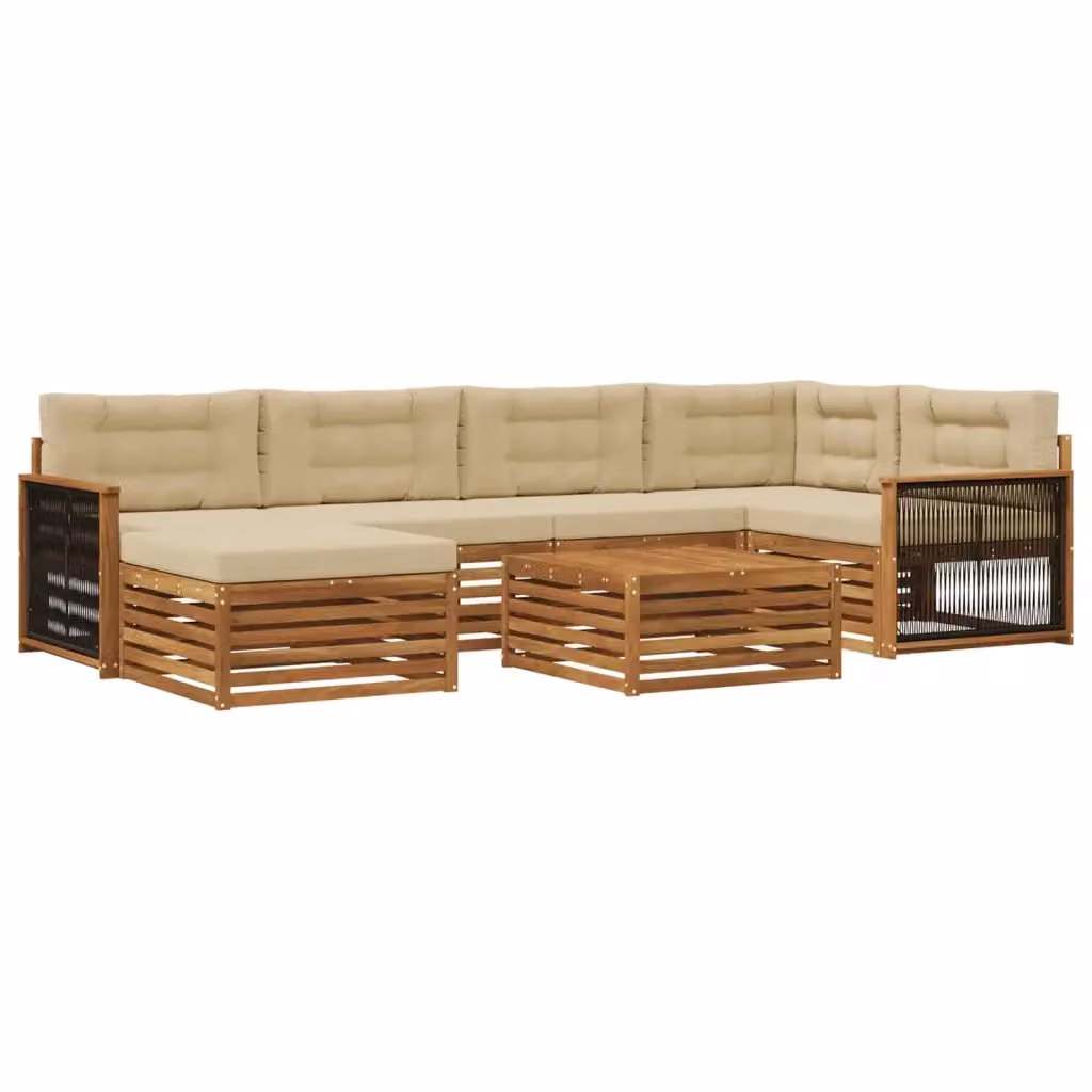 Set di divani da esterno a L vidaXL in legno di acacia con pouf e tavolino, 7 pezzi, Beige – 2
