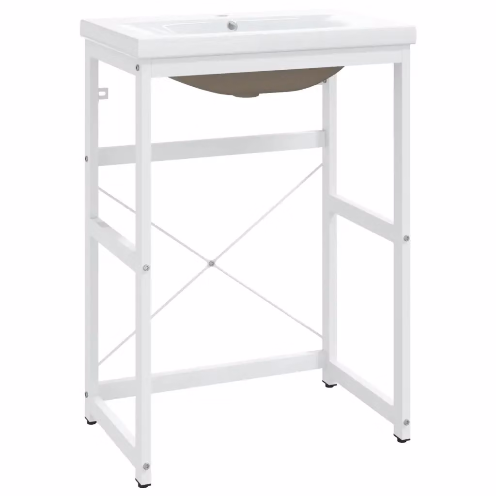 vidaXL Telaio per Lavabo da Bagno con Lavabo Integrato in Metallo e Ceramica Bianca Moderno L: 59 cm, P: 38 cm, H: 83 cm – 2