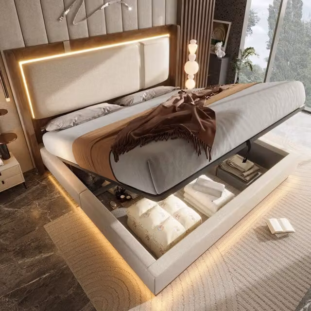 letto imbottito lino e legno beige noce 140 x 200 cm