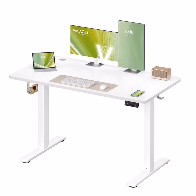 VASAGLE Tavolo alto regolabile elettricamente, funzione memoria con 4 altezze, scrivania per l'ufficio in casa, 120 x 60 cm, bianco