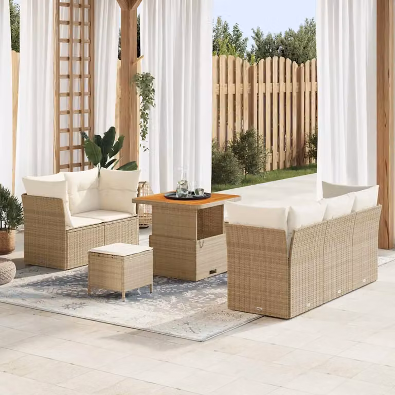 Set Divano da Giardino vidaXL 8 Pezzi a Forma di L con Tavolino, Ottoman e Cuscini, Colore Beige e Bianco