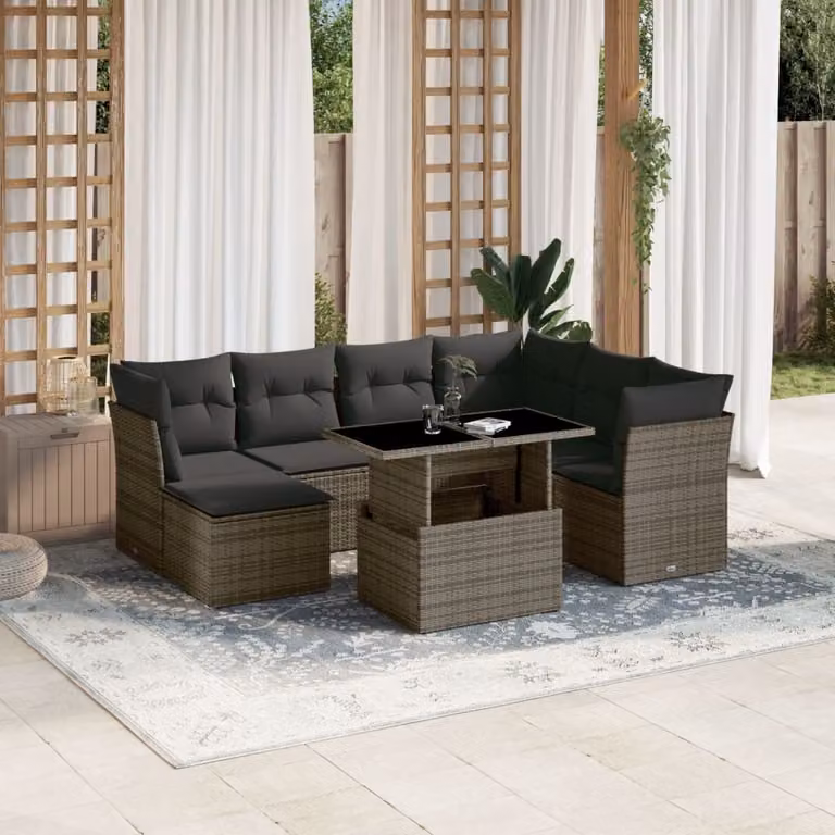 vidaXL Set Divano da Giardino 8 pz a Forma a L con Cuscini Grigio in Polyrattan e Acciaio