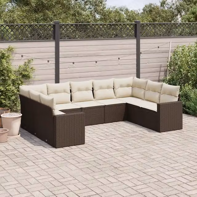 Set Divani da Giardino 9pz con Cuscini Marrone in Polyrattan 3219393