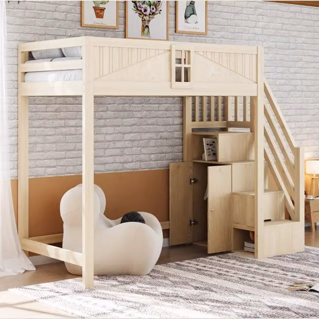 Letto a soppalco in legno massello 90 x 200 cm, porta di sicurezza con finestra, scaletta con ripiano montabile a destra o sinistra - Colore legno