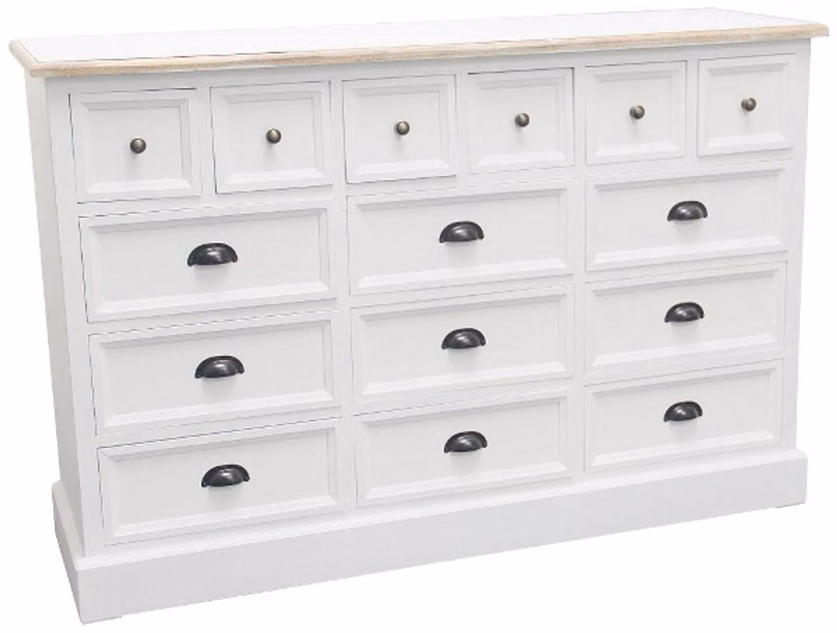 Comò in stile rustico "Casa Padrino", finitura bianco antico/color naturale, dimensioni 141 x 47 x 96 cm (altezza), con 15 cassetti