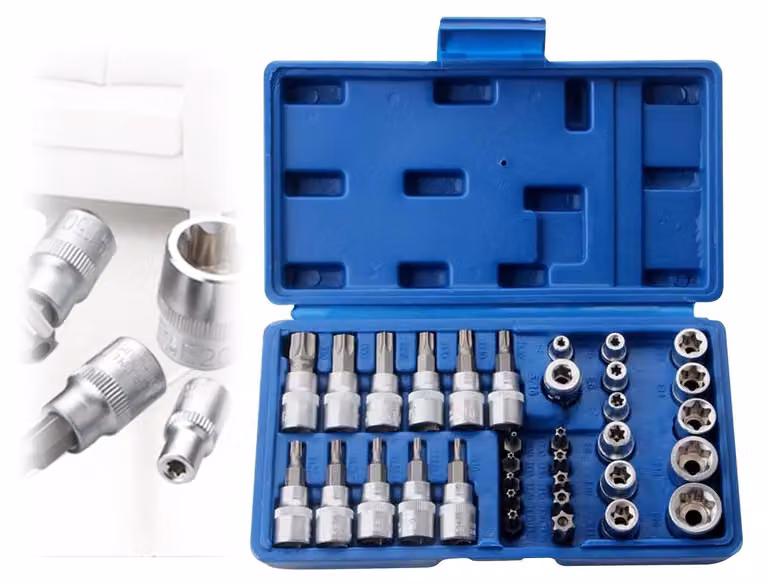 Set di chiavi a bussola Torx in cromo-vanadio: set di 34 pezzi, chiavi a bussola Torx con esagono interno ed esterno, chiavi a bussola per officine auto, automobili e industria (21,5 x 14 x 4,5 cm)
