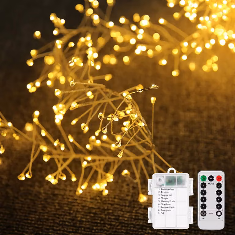 Catena luminosa a LED, 100 luci, 3 metri, luce bianco caldo, grado di protezione IP44, alimentazione a batteria, con telecomando