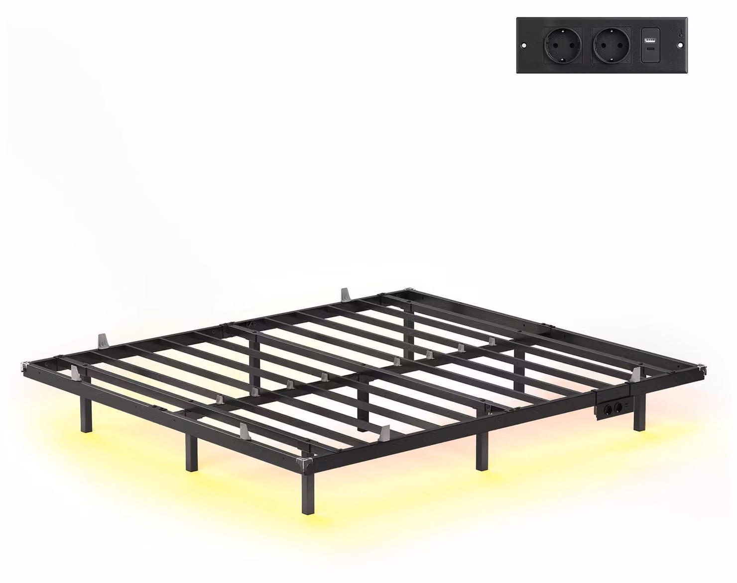 Struttura letto con illuminazione a LED, porta USB-C e multipresa | Colore: nero | Dimensioni: 160x200x26 cm