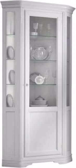 Vetrina angolo shabby chic in legno massello con porta in vetro e ripiani interni, laccata avorio, Mobili 2G, L: 76 cm, P: 76 cm, H: 215 cm