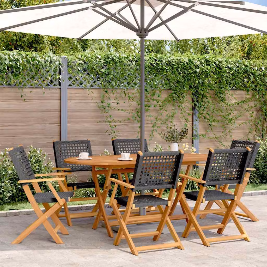 Set di 6 sedie pieghevoli vidaXL in polyrattan nero e legno di acacia oliato con braccioli, impilabili per giardino e terrazzo
