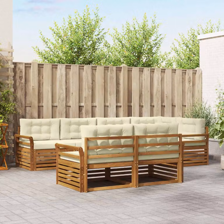 Set di divani da esterno vidaXL 7 pz a forma di L in legno di acacia con cuscini beige e bianco