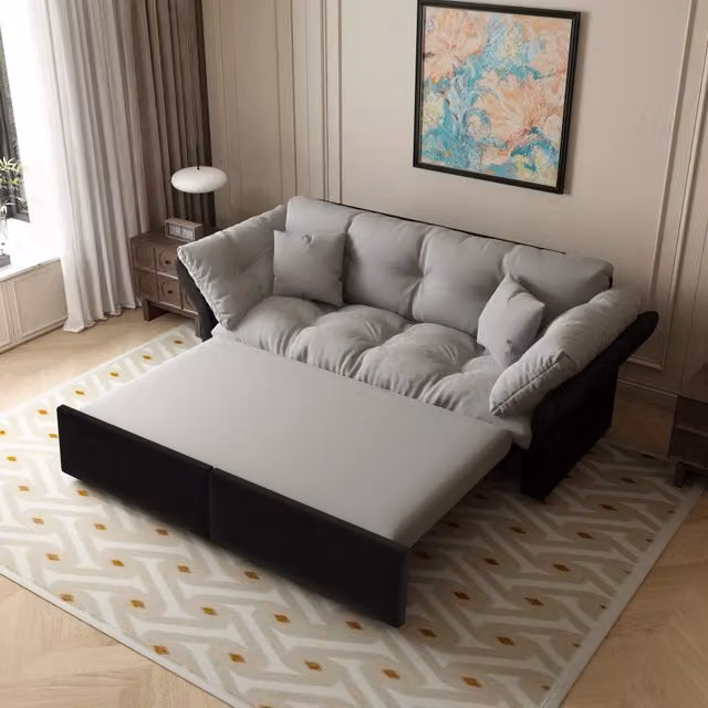 Divano letto MIVRAY in velluto grigio con funzione notte e cuscini inclusi per soggiorno e camera da letto