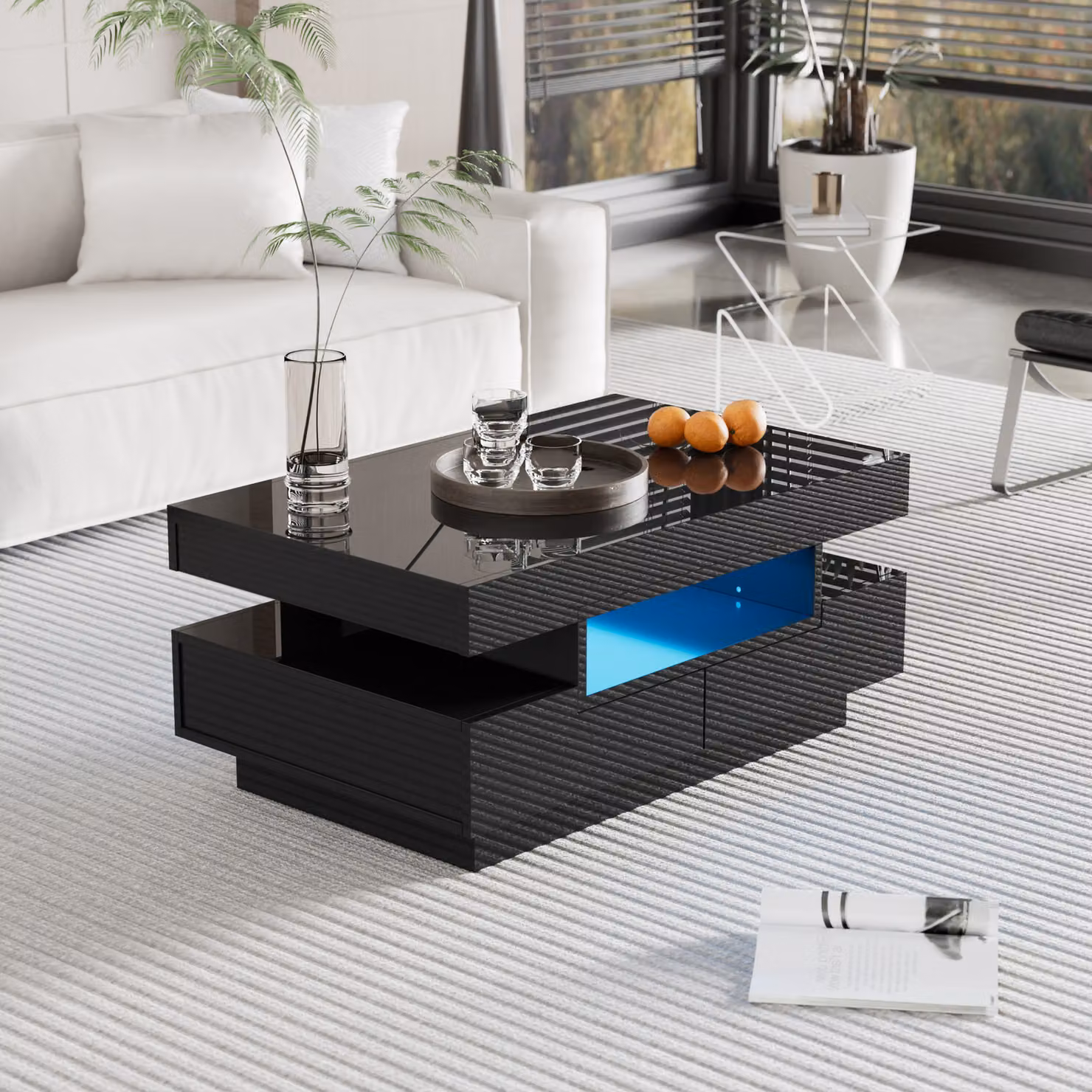 LVHOM Tavolino da salotto lucido con LED, tavolino con cassetti, tavolino da salotto Scandi, tavolino, nero