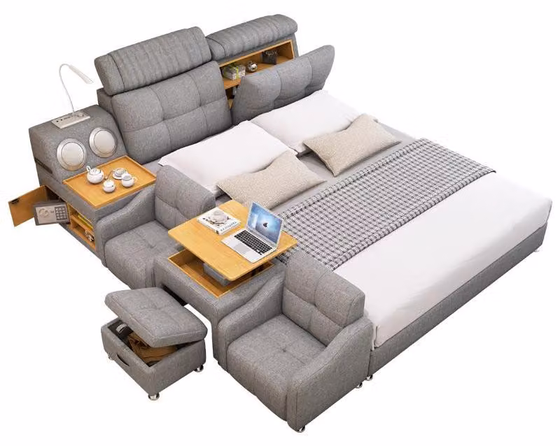 Letto multifunzionale, stile moderno, colore bianco, struttura in legno, morbido