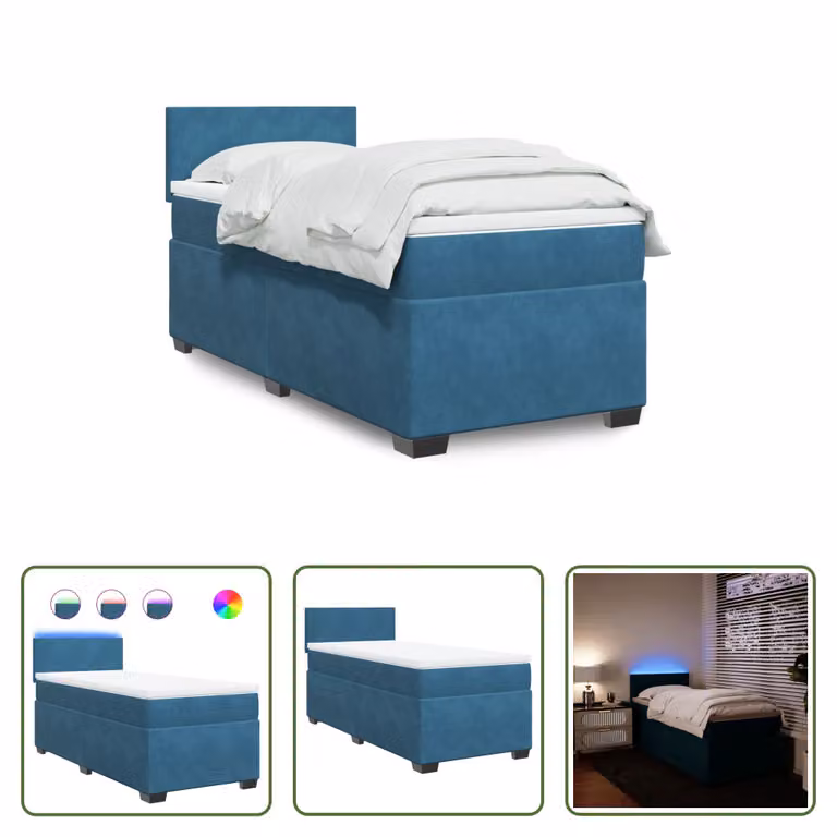 The Living Store Letto a molle con materasso blu 90x200 cm in velluto