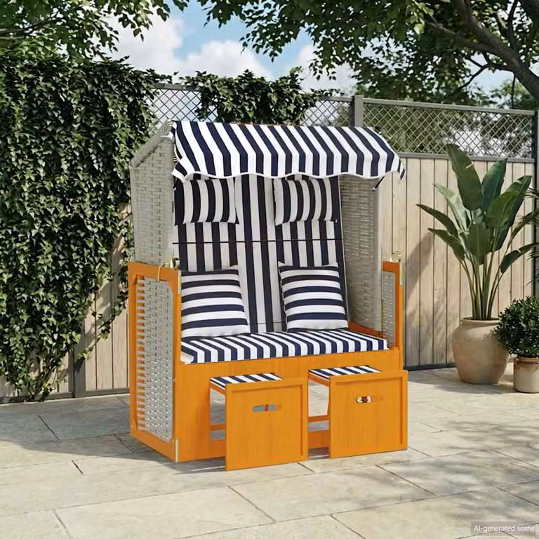 vidaXL Strandkorb in Polyrattan e Legno Massello con Cuscini a Righe Blu e Bianco