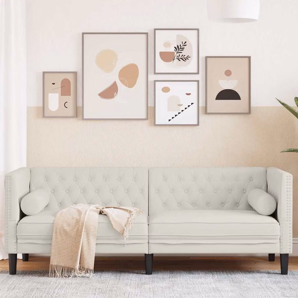 vidaXL Divano Chesterfield a 3 posti in velluto beige con cuscini coordinati L: 194 cm, P: 74,5 cm, H: 70,5 cm