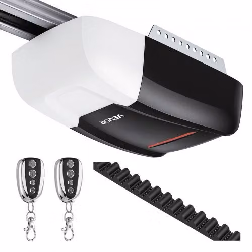 Apriporta per Garage VEVOR con Forza di Trazione 1000 N, Trasmissione a Cinghia Silenziosa, Binario Resistente a 4 Sezioni, 2 Telecomandi e Luci LED, Bianco e Nero