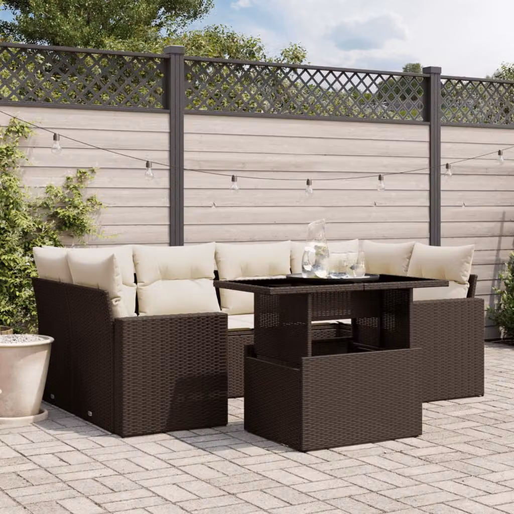 Set di divani da giardino vidaXL in polyrattan marrone e bianco con cuscini, tavolino e sedute a L per esterno – 1
