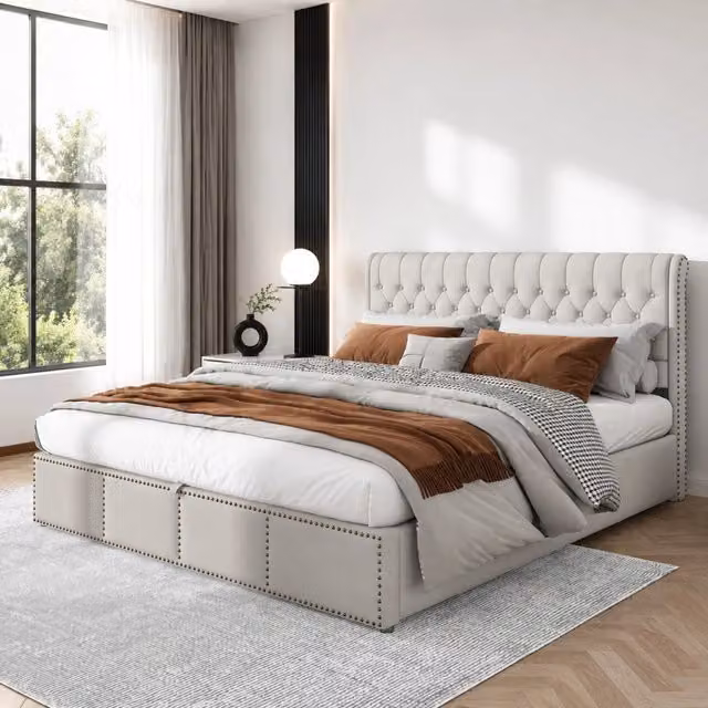 Letto contenitore 180x200 cm in cotone-lino; con rete a doghe; senza materasso; grigio