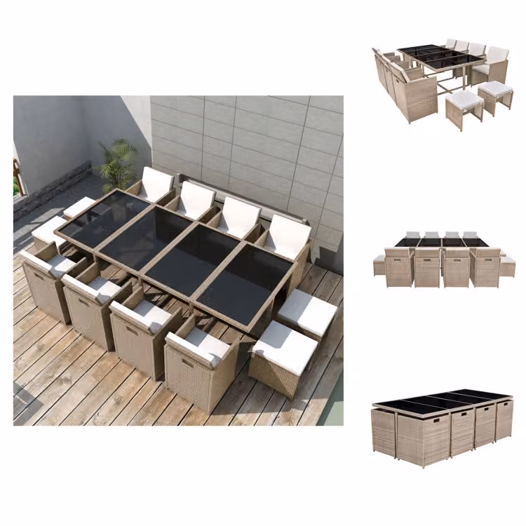vidaXL set da pranzo da giardino 13 pezzi con cuscini in poly rattan beige - Set di mobili da giardino