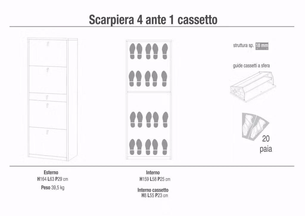 Scarpiera mobile SARMOG con 4 ante e 1 cassetto centrale, colore marrone, L: 63 cm, P: 29 cm, H: 164 cm – 2