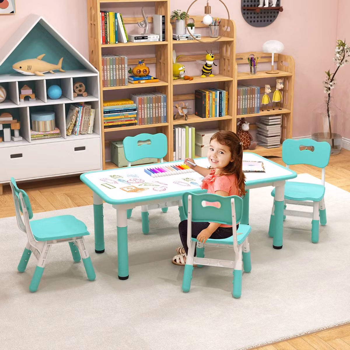 Costway Set Tavolo e 4 Sedie per Bambini Regolabile in Altezza con Piano Graffiti Verde – 2