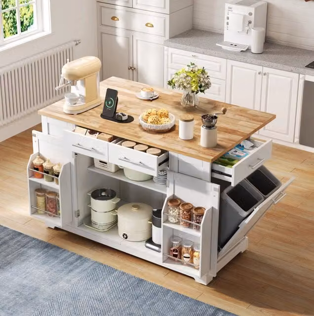 Isola cucina moderna 138 cm con piano di lavoro richiudibile, ruote silenziose, presa EU, ripiani regolabili e vano estraibile per rifiuti - Bianco effetto legno