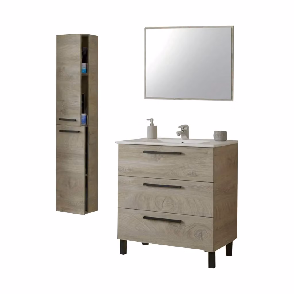 Set Mobili Bagno DMORA Corbola con Specchio e Mobile Lavabo, Design Moderno in Legno Rovere Marrone Opaco – 2