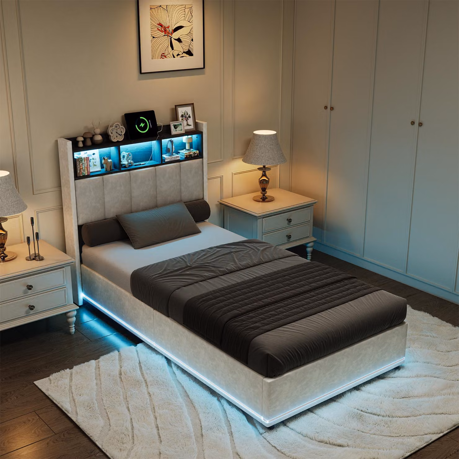 UnboxG Letto singolo idraulico 90×200 cm bianco, letto imbottito in velluto con contenitore, testiera e cornice letto a LED, USB e Type-C