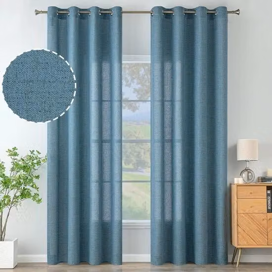 Gordini in lino con effetto anello - Soggiorno moderno semi-trasparente tenda voile - Naturale - 2 pezzi - 140 x 160 cm - Blu.