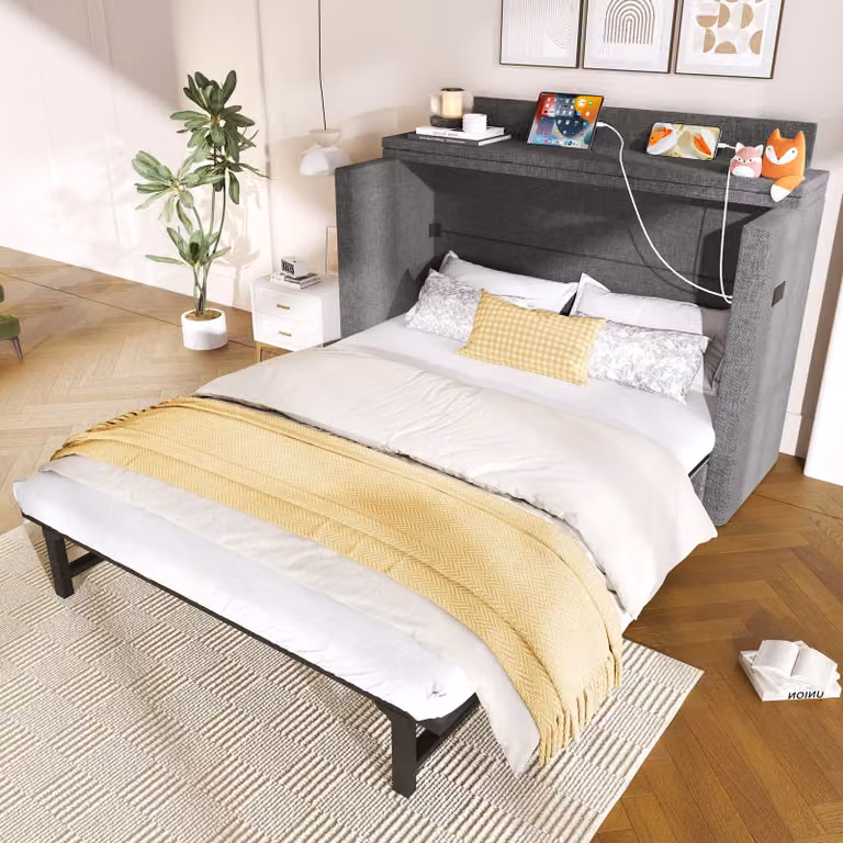 MODFU letto a scomparsa 140x200 letto a scomparsa a parete letto a scomparsa da incasso senza materasso in lino, letto matrimoniale salvaspazio con connessioni USB e tipo C, con vano contenitore sul letto, grigio