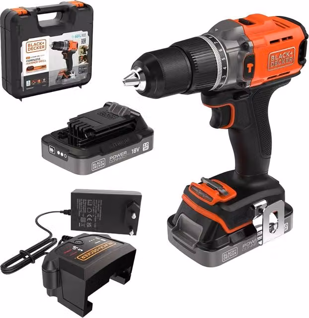 Trapano avvitatore a batteria con percussione Black+Decker BCD383D XK-QW 18V, colore nero, con 2 batterie al litio da 2 Ah
