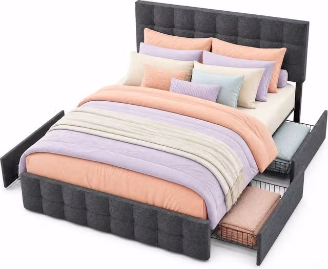 Letto matrimoniale 140 × 200 cm 2 posti con 4 cassetti e testiera regolabile, materasso incluso, grigio