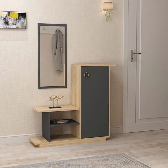 DMORA Mobile da Ingresso Nibbiola con Specchio, Rovere Marrone e Antracite, L: 80 cm, P: 30 cm, H: 90 cm
