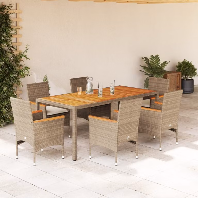 Maison Exclusive - Set Pranzo da Giardino 7 pz con Cuscini Beige Polyrattan Acacia