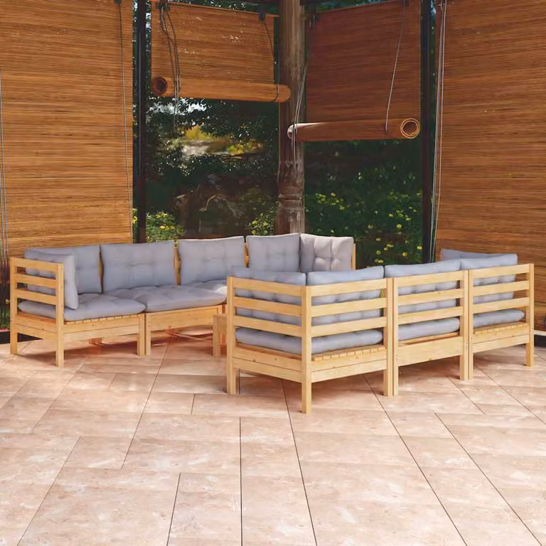 Set di divani da giardino vidaXL a forma di L composto da 8 pezzi in legno di pino massello con cuscini grigi