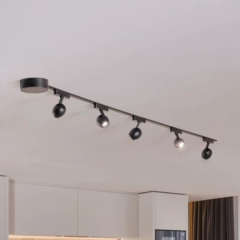 Sistema di binari Lumaro, faretti, a 5 luci, nero, Ø 6 cm, 48 V, dimmerabile Lumaro 48V Lindby,, Nero, Soggiorno / Sala da pranzo, Plastica, Moderno