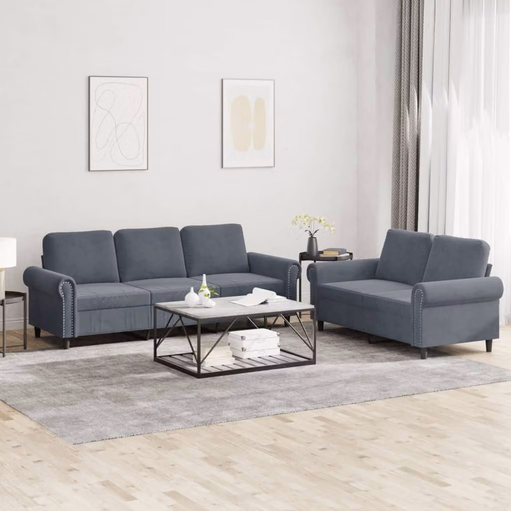 Set di divani vidaXL composto da un divano a 2 posti e uno a 3 posti in velluto grigio con cuscini coordinati e braccioli – 1
