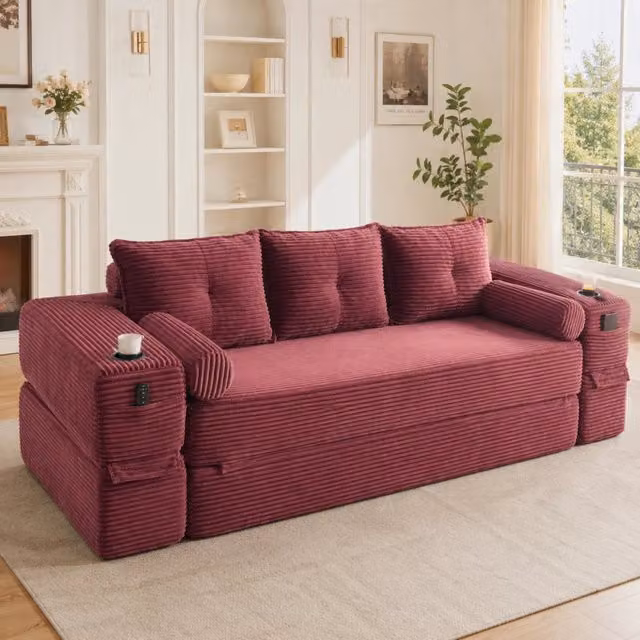 Divano convertibile con tasche laterali, portabicchieri e cuscini memory in corduroy rosso vino 232 × 98 × 80 cm