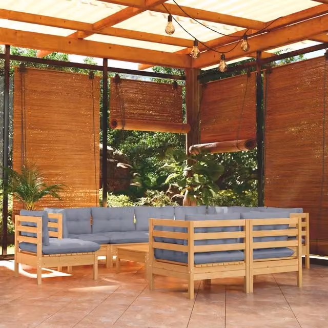 Set Divani da Giardino 10 pz con Cuscini Grigi Massello di Pino 3096772