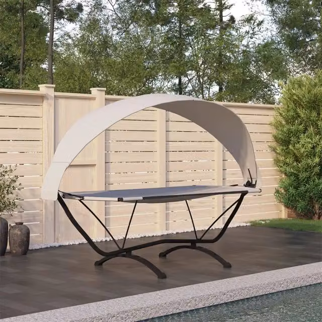 Lettino da esterno con tettuccio beige vidaXL in acciaio verniciato a polvere e tessuto – 1