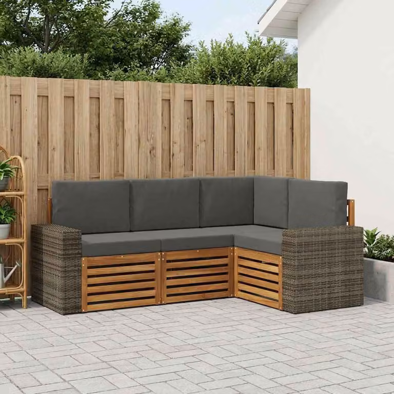 Set di divani da esterno a L vidaXL in legno di acacia con cuscini in poliestere resistente ai raggi UV, grigio e marrone