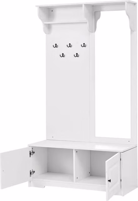 Mobile ingresso moderno con specchio, 5 ganci, 2 vani e panca porta scarpe in MDF bianco L 100 cm, P 40 cm, H 180 cm