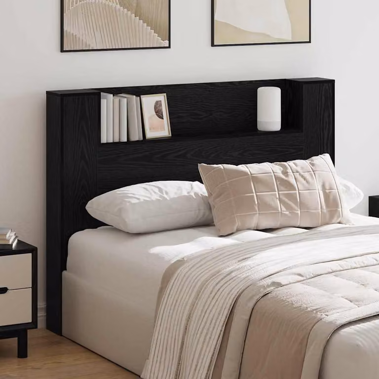 Testiera con stoccaggio vidaXL in legno ingegnerizzato Rovere Nero con LED e porta USB, L: 140 cm, H: 104,5 cm, P: 17 cm