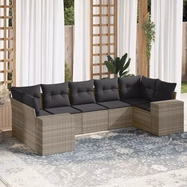 Set da giardino moderno vidaXL in polyrattan grigio con 7 pezzi e cuscini inclusi – 1