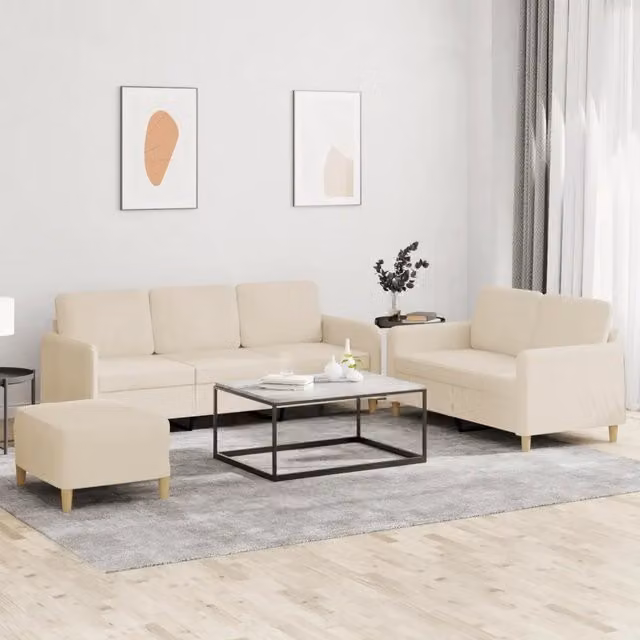 Set di divani moderno vidaXL composto da divano a 3 posti, divano a 2 posti e pouf in tessuto beige con cuscini inclusi