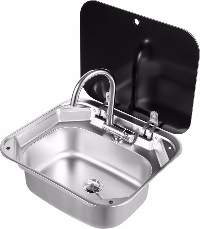 Lavello per camper, struttura in acciaio inox, design salvaspazio, nero